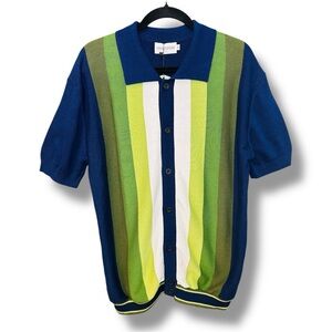 OXKNITSTORE 70’s Knit Polo Cardigan in Blue/Lime/White. Size XL. 100% Cotton